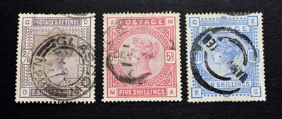 Lot 2172 - Sg178 2/6d Lilac. Sg179 5/- Rose. Sg180 10/- Ultramarine all used examples with good perfs and...