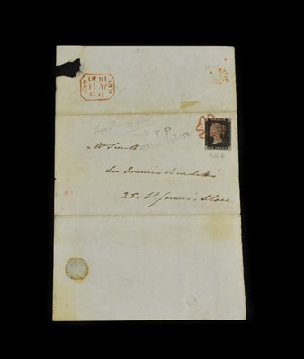 Lot 2226 - QV 1d Black on an Opened Cover, 3 Margins and fine red MX cancel.