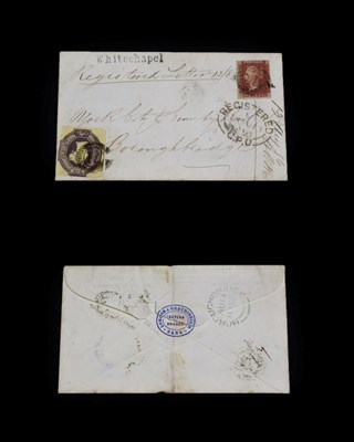 Lot 2229 - GB Envelope Registered from London to Boroughbridge bearing 1d red star and 6d purple embossed...
