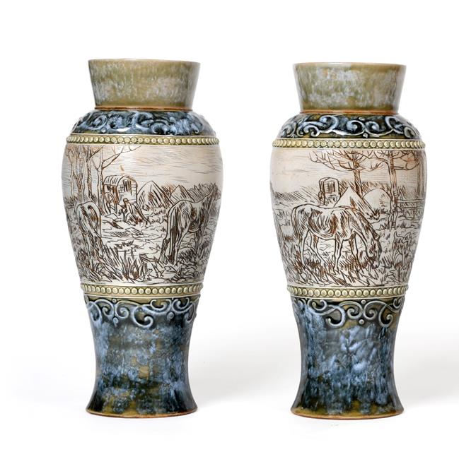 Lot 1000 - Hannah Bolton Barlow (1851-1916): A Pair of Royal Doulton Lambeth Stoneware Vases, incised with...