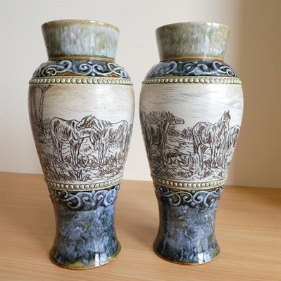 Lot 1000 - Hannah Bolton Barlow (1851-1916): A Pair of Royal Doulton Lambeth Stoneware Vases, incised with...