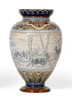 Lot 1001 - Hannah Bolton Barlow (1851-1916): A Doulton Lambeth Stoneware Vase, incised with two figures on...