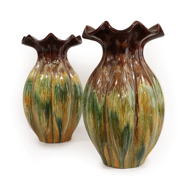 Lot 1013 - A Pair of Ault Pottery Vases, shape 118, green, white, mustard and brown glazed, impressed...