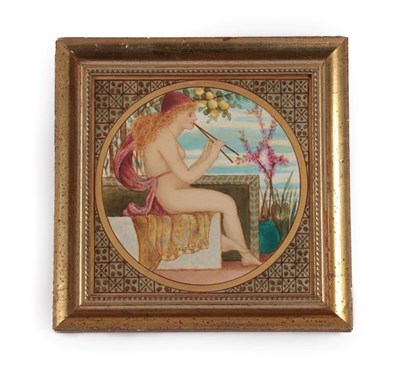 Lot 1016 - An Aesthetic Movement 6'' Tile, hand painted with a nude maiden playing pan pipes, unmarked...