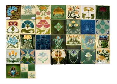 Lot 1018 - Thirty Art Nouveau 6'' Tube Lined and Moulded Tiles, various patterns, makers and colours