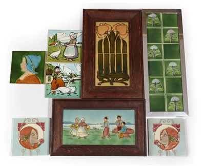 Lot 1020 - A Group of Art Nouveau Tube Lined Tiles, various subjects, including Dutch figures, flowers and...