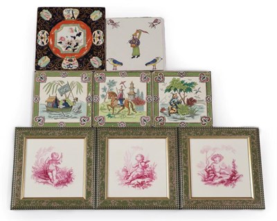 Lot 1022 - Three Victorian Minton 6'' Tiles, decorated with cherubs, in puce on a white ground, 15cm...