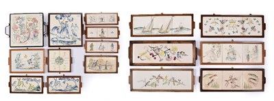 Lot 1028 - Sixteen Packard & Ord Ltd Oak and Wrought-Iron Framed Tile Trays, depicting Yachts, Hunting,...