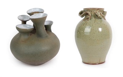 Lot 1056 - Michael Emmett (b.1945): An Earthenware Vase, with sculptural neck, green glaze, impressed ME...