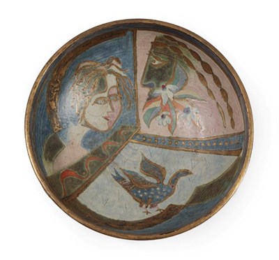 Lot 1058 - Bernard Forrester (1908-1990): A Stoneware Bowl, painted with a bird, a female head and a god...