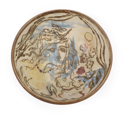 Lot 1059 - Bernard Forrester (1908-1990): A Stoneware Bowl, painted with a female head picked out in gilt,...