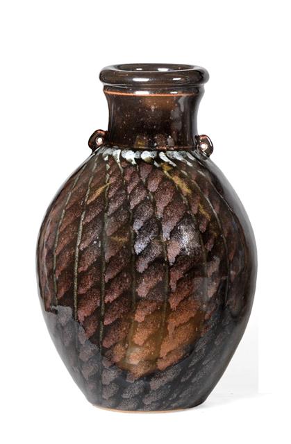 Lot 1063 - David Lloyd Jones (1928-1994): A Stoneware Vase, with two small lug handles, tenmoku glaze with...