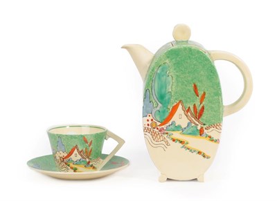 Lot 1076 - A Clarice Cliff Wilkinson Chalet Bon Jour Coffee Pot and Cover, printed marks, 19cm; and A...