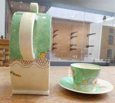 Lot 1076 - A Clarice Cliff Wilkinson Chalet Bon Jour Coffee Pot and Cover, printed marks, 19cm; and A...