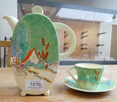 Lot 1076 - A Clarice Cliff Wilkinson Chalet Bon Jour Coffee Pot and Cover, printed marks, 19cm; and A...