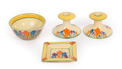 Lot 1077 - A Pair of Clarice Cliff Bizarre Crocus Pattern Candlesticks, printed marks, 8.5cm; An Ashtray, 12cm