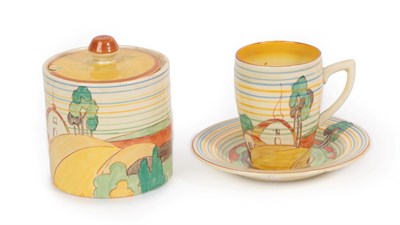 Lot 1078 - A Clarice Cliff Newport Brookfields Cylindrical Pot and Cover, printed marks, 10cm; and A...