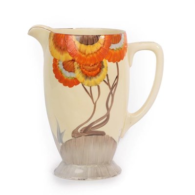 Lot 1080 - A Clarice Cliff Bizarre Rhodanthe Coronet Jug, printed marks and moulded 24, 20cm