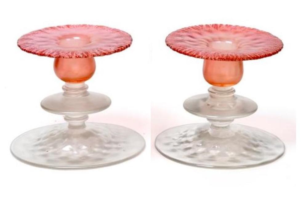 Lot 1084 - Louis Comfort Tiffany (American, 1848-1933): A Pair of Favrile Pink Pastille Glass...