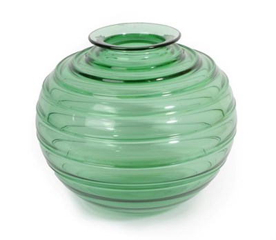 Lot 1089 - A Daum Nancy Globular Vase, horizontal ribbed body, emerald green, signed DAUM NANCY FRANCE...
