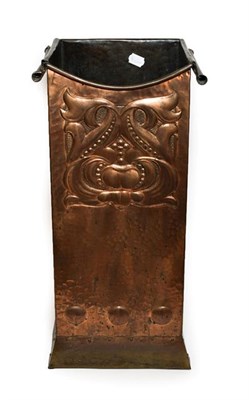 Lot 1094 - An Arts and Crafts Copper Stick Stand, of square section form, embossed stylised decoration and...