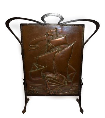 Lot 1095 - An Arts & Crafts Copper and Wrought Iron Fire Screen, embossed with a galleon in full sail,...