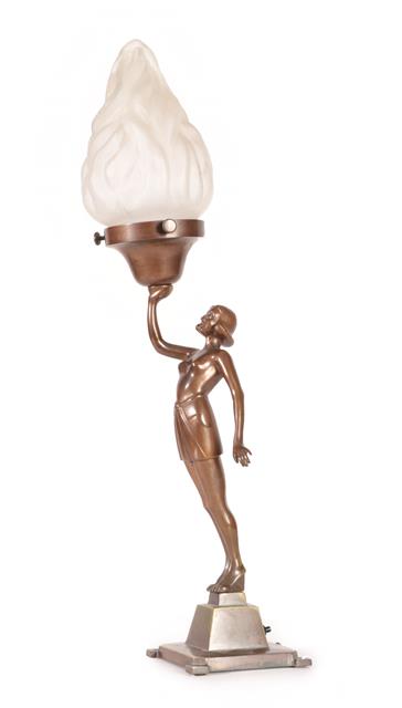 Lot 1098 - An Art Deco Patinated Spelter Figural Lamp, modelled as a  semi nude female on tip toes,...