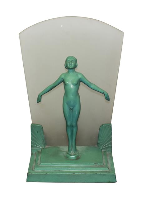 Lot 1099 - An Art Deco Figural Green Painted Table Lamp, modelled as a nude female on tip toes with arms...