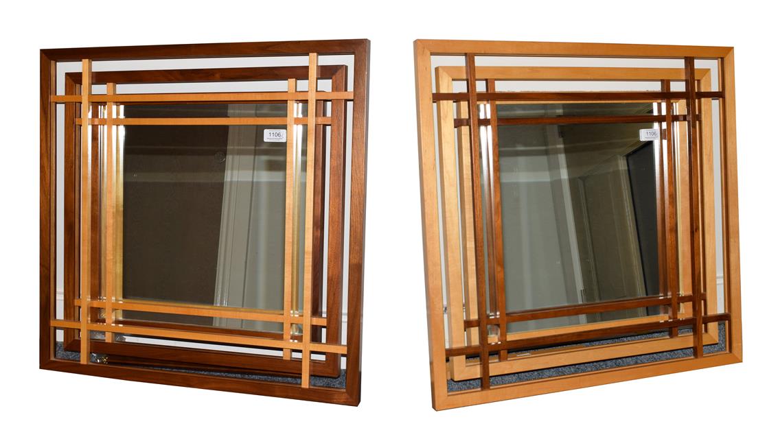 Lot 1106 - A Pair of Maple and Black Walnut Lattice Framed Square Wall Mirrors, designed and made by Derek...