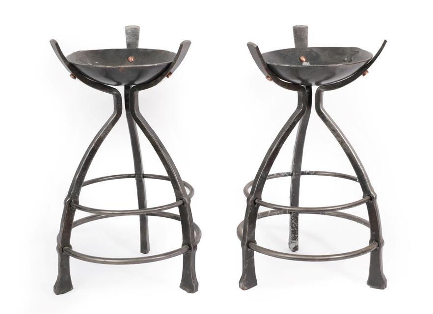 Lot 1108 - A Pair of Wrought Iron Candlestands, made by Burrows Lea Forge, with a circular bowl on three...