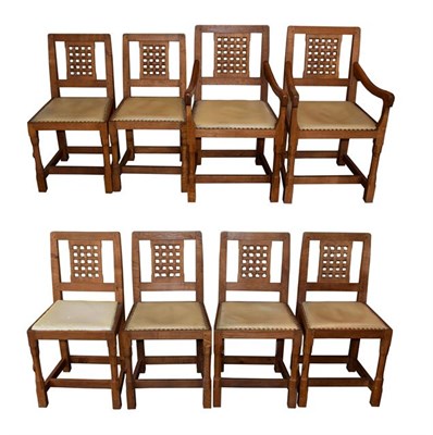 Lot 1170A - Rabbitman: A Set of Eight (6+2) Peter Heap (Wetwang), English Oak Lattice Back Dining Chairs, cream