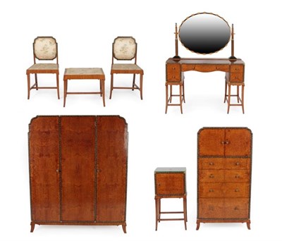 Lot 1188 - A Bath Cabinet Makers Art Deco Seven Piece Amboyna Burl and Walnut Bedroom Suite, ebonised and...