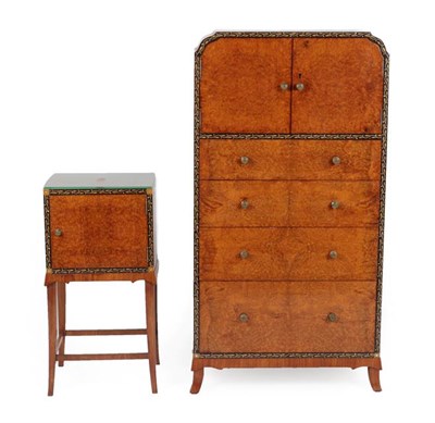 Lot 1188 - A Bath Cabinet Makers Art Deco Seven Piece Amboyna Burl and Walnut Bedroom Suite, ebonised and...