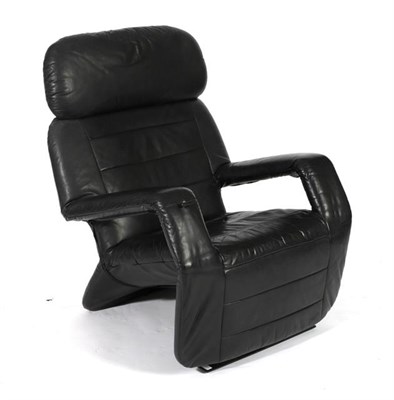 Lot 1191 - Percival Lafer (Brazilian, b.1936): A Black Leather Reclining Chair, circa 1980's, with pull...