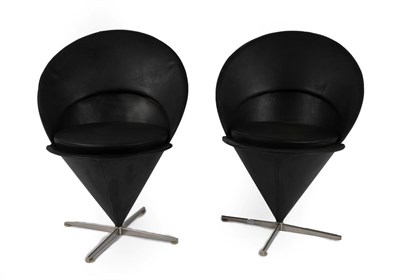 Lot 1197 - A Pair of 1960's Verner Panton Cone Chairs, black vinyl removable seats, stainless steel base,...