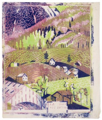 Lot 55 - Edith Lawrence (1890-1973) ''Houses on a Hillside'' Linocut, 30.5cm by 25.5cm (unframed)...
