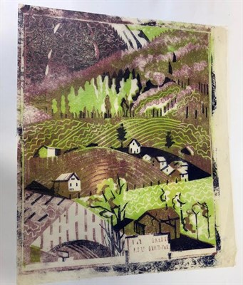 Lot 55 - Edith Lawrence (1890-1973) ''Houses on a Hillside'' Linocut, 30.5cm by 25.5cm (unframed)...