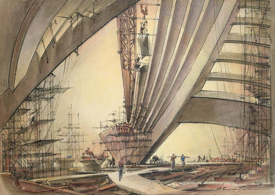 Lot 107 - Robert Emerson Curtis (1898-1986) Australian  ''The Building of Sydney Opera House'' Signed and...