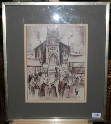 Lot 176 - William Ralph Turner FRSA (1920-2013) Figures before a church  Signed and dated 1970, pencil...