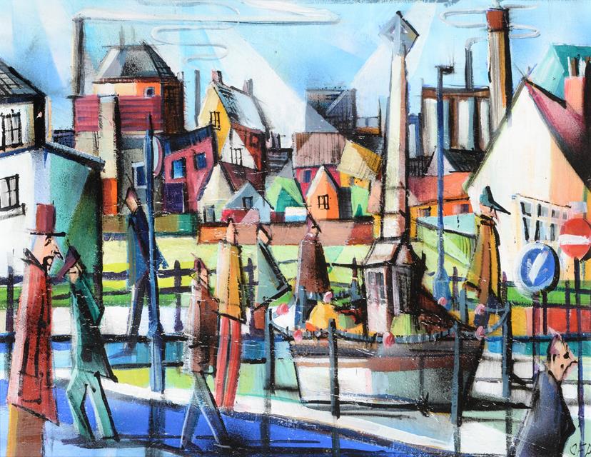 Lot 177 - Olivia Pilling (b.1985) Figures before an industrial town Initialled, oil on board, 39cm by...