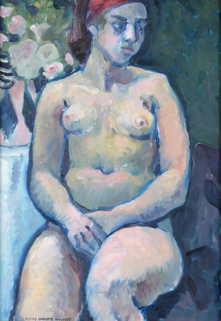 Lot 184 - Fyffe Christie (1918-1979) ''Seated Nude, Headscarf and Roses'' Signed and dated May 1977, oil...