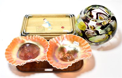 Lot 16 - A graduated set of three cocktail trays in the Art Deco style; two carnival glass dishes; and a...