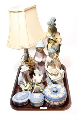 Lot 38 - A Nao Japanese figural group; two further Nao figures; three lamps; Wedgwood Jasperware (9)