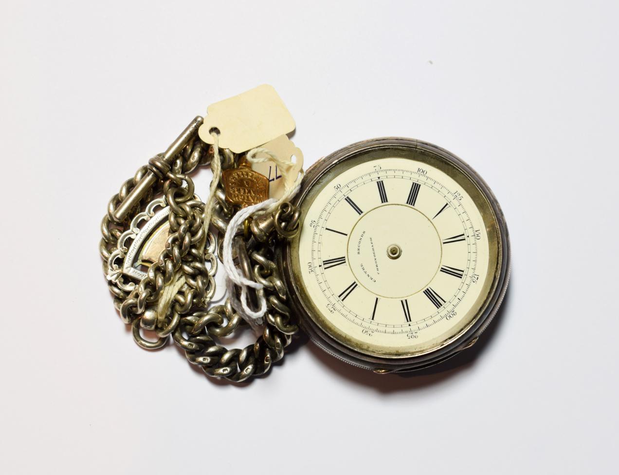 Lot 39 - A silver chronograph pocket watch; and a silver curb link chain with an attached fob shield stamped