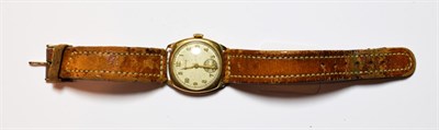 Lot 48 - A gent's Cyma 9 carat gold wristwatch, Arabic dial, subsidiary seconds, stamped 375, on leather...