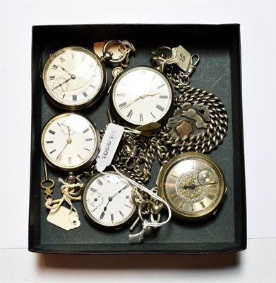 Lot 55 - Two silver pocket watches; two other pocket watches with cases stamped 0.800 and 925; plated pocket