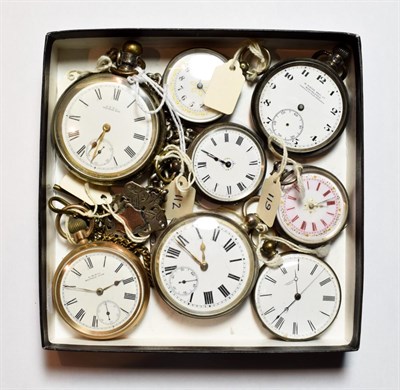 Lot 72 - Two silver pocket watches; three lady's fob watches; a Swiss centre seconds pocket watch; two...