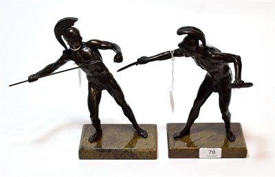 Lot 78 - A pair of bronzed figures of Grecian warriors, on marble plinth bases (2)