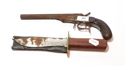 Lot 84 - Belgian Rimfire target pistol, together with a Bowie knife