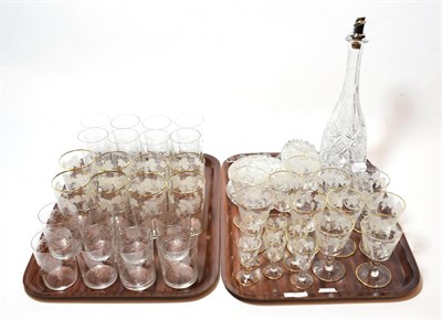 Lot 97 - A 19th century cut glass decanter with plated pourer; two cut glass boxes and covers; a set of...
